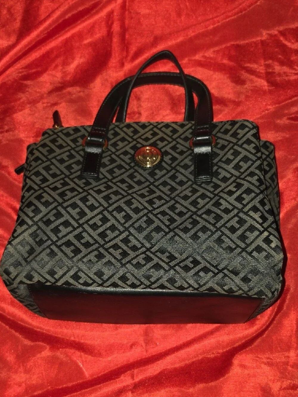 Tommy Hilfiger Black and Gray Monogram Satchel with Gold Accent - Picture 5 of 6